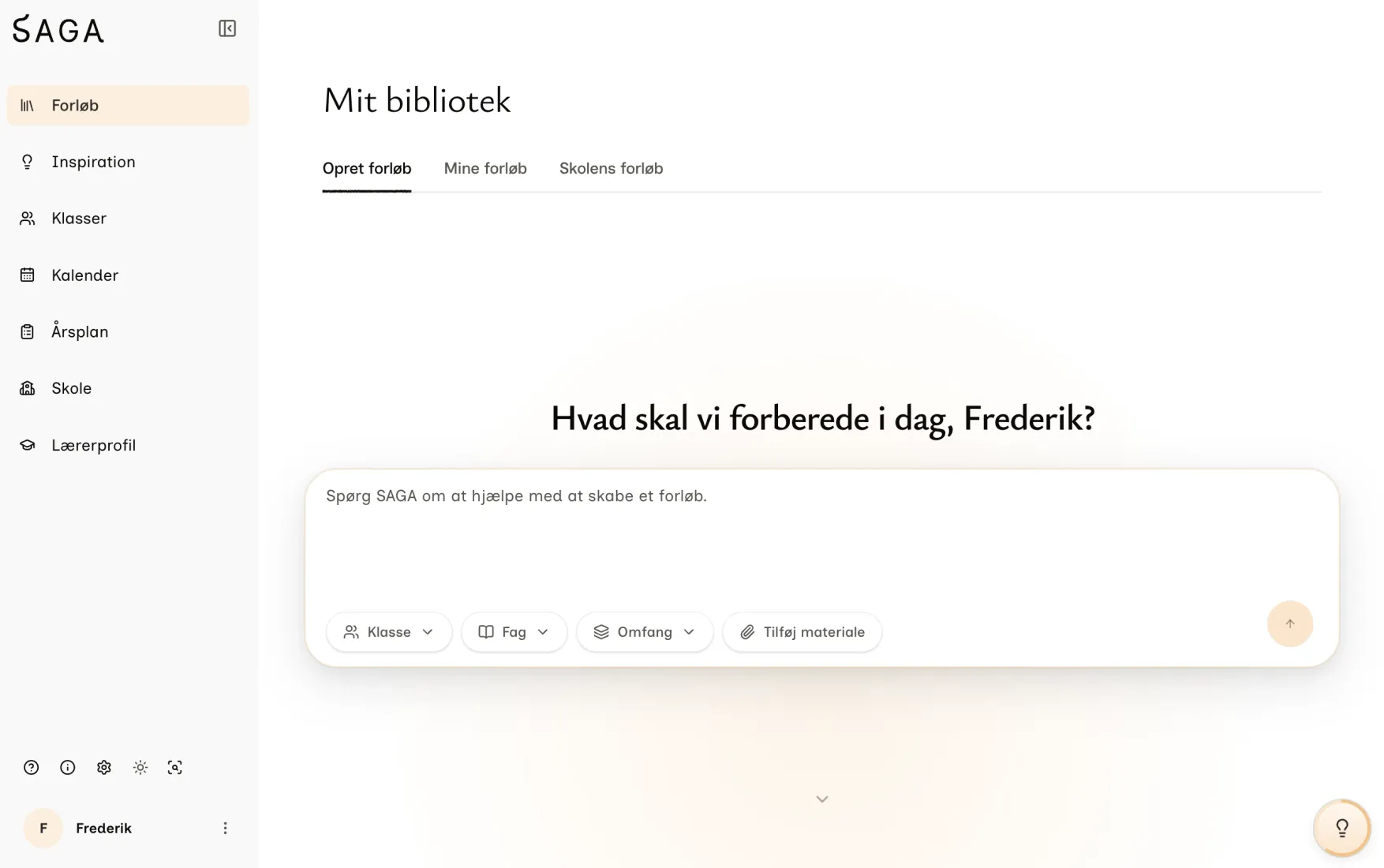 SAGA-arbejdsområdet med en lærers bibliotek af forløb