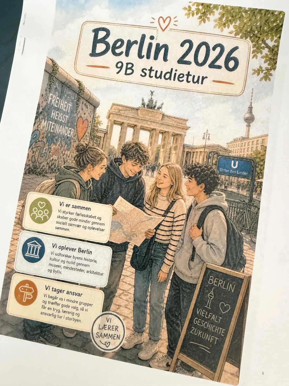 Materialet til 9B's studietur til Berlin – ét eksempel på det, Mette selv skaber backstage.